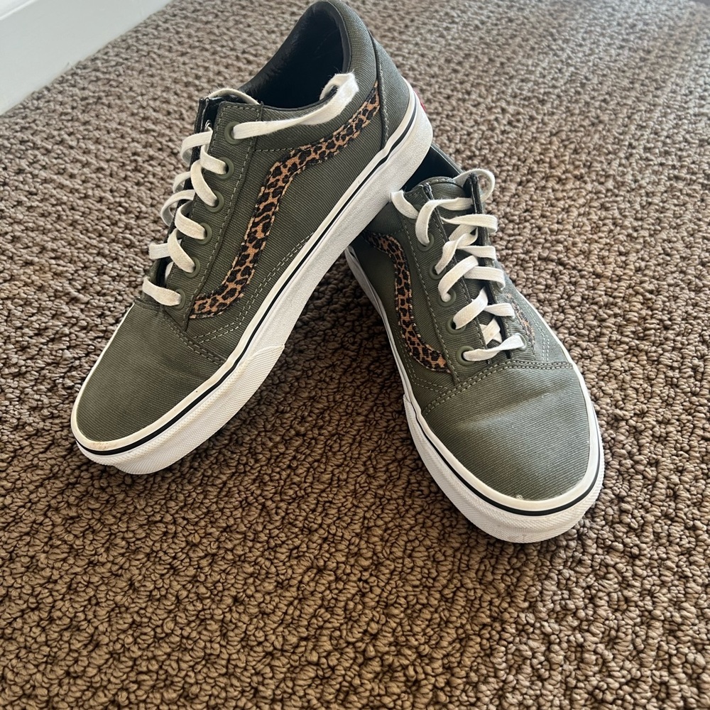 Vans Olive Green and Leopard Print Sneakers
